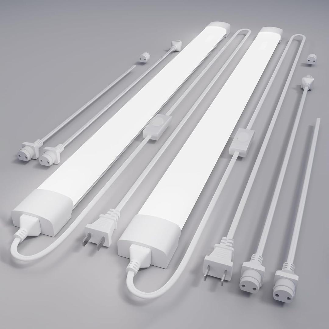 Plug in Light Fixtures 2FT 2PCS Linkable 5000K LED Shop Light, 18W Ceiling/Closet Light for Laundry Kitchen Garage Workbench, Under Cabinet Lighting, Triproof, White, 2FT-2PCS/with plug