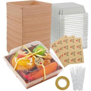 60 Pack Mini Charcuterie Boxes with Clear Lids Paper Dessert Boxes To Go with Forks, Stickers & Ribbon, Disposable Treat Boxes for Cookies, Cake Slices, Sandwiches & Strawberries