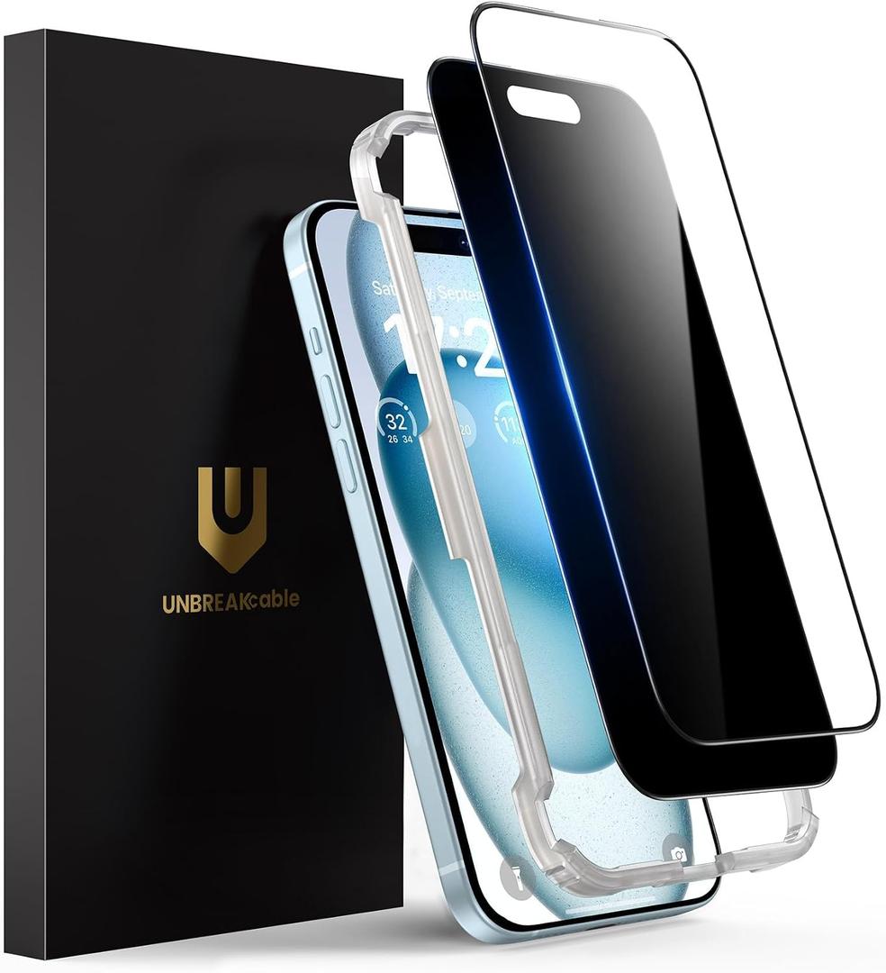 10 x UNBREAKcable 2PCS Screen Protector for iPhone 15-1 Privacy Tempered Glass+1 Clear Glass Double Shatterproof [Easy Installation Frame] [9H Hardness] [Case Friendly] Anti-Scratch for iPhone 6.1 inch