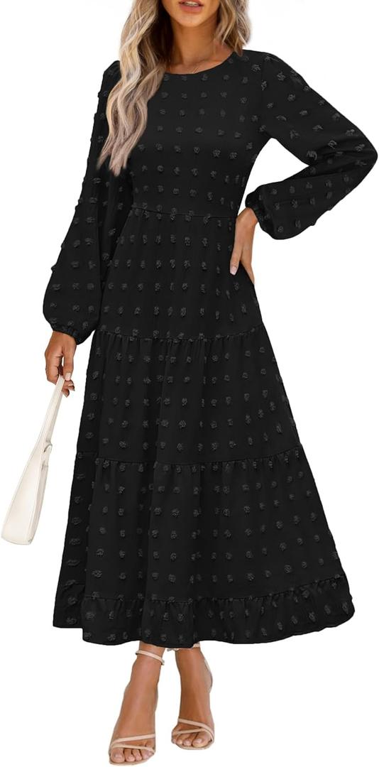PRETTYGARDEN Women's Fall Spring Elegant Long Sleeve Maxi Dress Swiss Dot A Line Flowy Casual Holiday Party Going Out Dresses (Black, X-Large)
