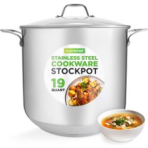 NutriChef 19-Quart Stainless Steel Stockpot 18/8 Food Grade Heavy-Duty Induction-Compatible Pot with See-Through Lid, Ideal for Stews, Broths, Simmering & Soups, Dishwasher Safe NCSP20