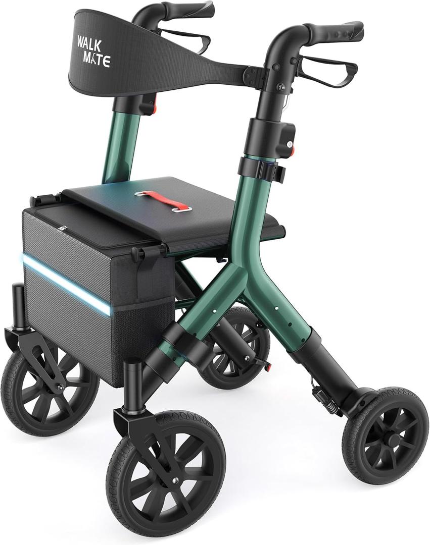 WALK MATE Rollator Walker for Seniors 5.3~7ft Tall, Height-Adjustable Seat, Built-in Cable, 10 Inch Wheels, 16.5 lb Lightweight & Compact Folding Design, 300 lb Capacity, Green
