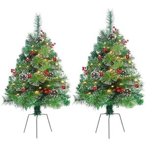 XINDMAO 2 Pack Outdoor Christmas Tree with Light,30 INCH Pre-Lit Artificial Pathway Christmas Trees for Porch,Yard,Driveway, Battery Operated Christmas Urn Filler with Red Ornaments