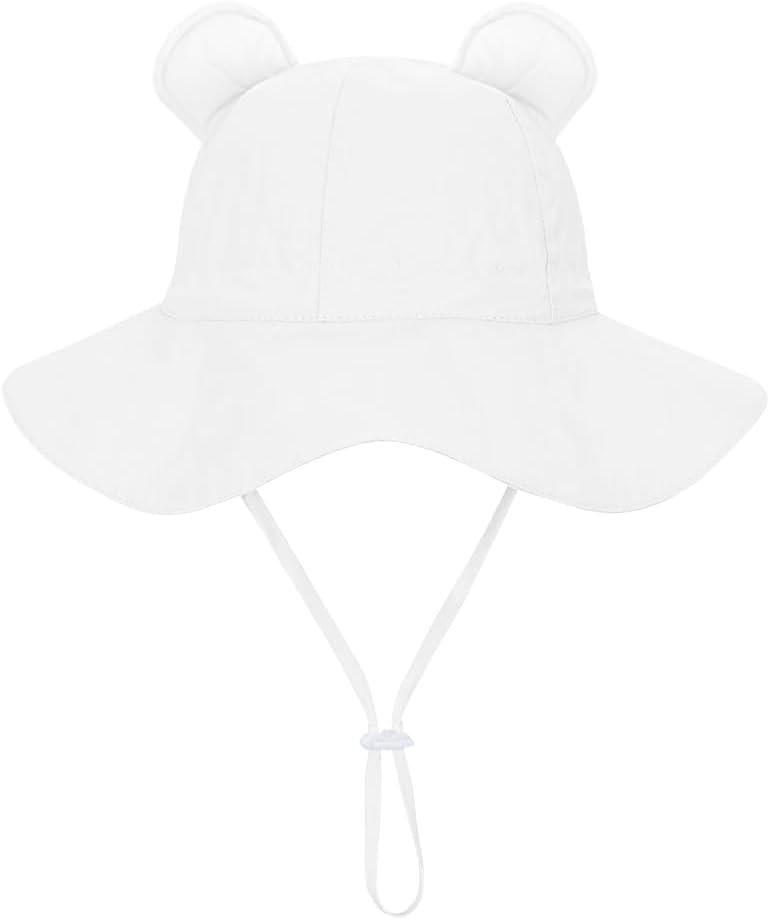 Jastore Baby Girl Boy Sun Hat with UPF 50+ Bear Ear Infants Boys Cap Outdoor Adjustable Beach Hat with Wide Brim Bucket Hats (White, 6M)
