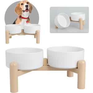 Elevated Ceramic Dog Bowl Set of 2 - Double Dishes with Non-Slip Stand - Raised Food and Water Bowls - Ideal for Small to Medium Dogs - Each Holds 2 Cups (28.75 fl oz) - White, M