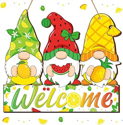 Summer Welcome Sign Wooden Fruit Gnome Hanging Sign Holiday Door Sign with Ropes Hanging Decoration with Lemon Watermelon for Summer Front Door Porch Farmhouse Outdoor Home Decor (Gnome Fruit)