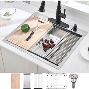 25 Inch Drop in Kitchen Sink Workstation, 25x22 Drop in Kitchen Sink Stainless Steel Single Bowl 16 Gauge Topmount Handmade Basin