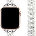 Elastic Pearl Beaded Band Compatible with Apple Watch 38mm 40mm 41mm, Woman Sparkling Bling Diamond Chain Solo Loop Stretch Bracelet Strap Replacement for iWatch Series 9 8 7 6 5 4 3 2 SE (White Silver)