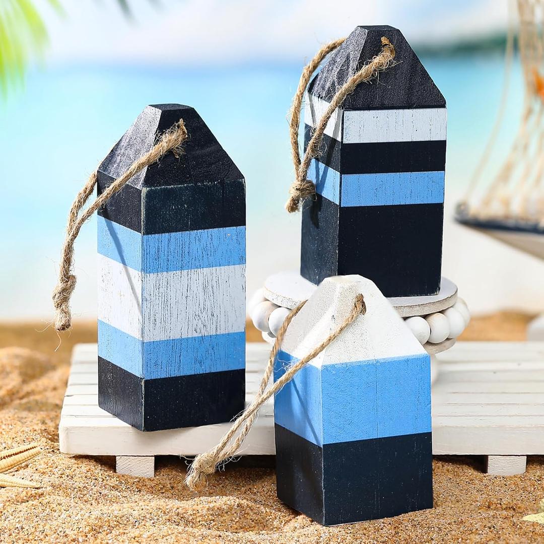 Qunclay 3 Pcs Wooden Table Decor Beach Block Sign Square Wood Sea Bouy Sand Dollar Starfish Wave Boat Tiered Tray Summer Coastal Farmhouse Decor for Home Office Bedroom (Sea)