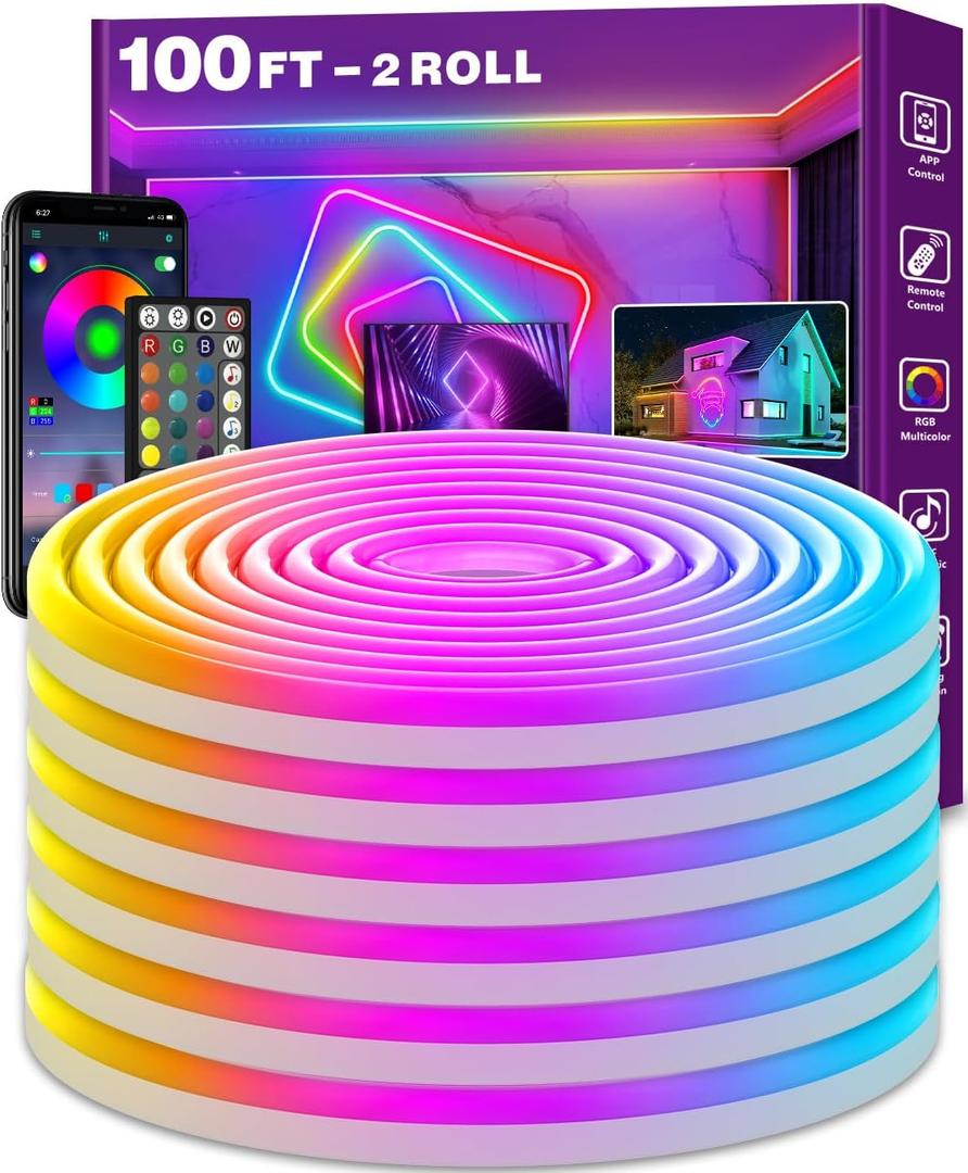 100Ft Neon Rope Lights, Flexible Led Rope Lights Control with App/ Remote, Multiple Modes Rope Lights, IP65 Outdoor RGB Led Neon Lights Waterproof, Music Sync Gaming Led Neon Light Strip for Bedroom Decor