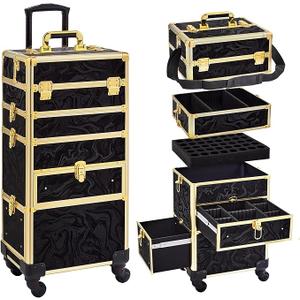 Somduy, Rolling Makeup Case with Drawer, Makeup Train Case, 4 in 1Cosmetology Case on Wheels, Christmas Gift, Large Makeup Organizers, Profesional Cosmetic Case for Salon Barber, Pattern Black Gold