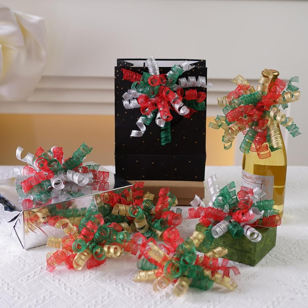 12Pcs Bows for Gift Wrapping, 6 Inch Curly Ribbon Bows, Self Adhesive Burst Gift Bow for Presents,Paper Bag, Baby Shower Favors, Wrapping Accessories, Wedding Decor (Red Green Silver)