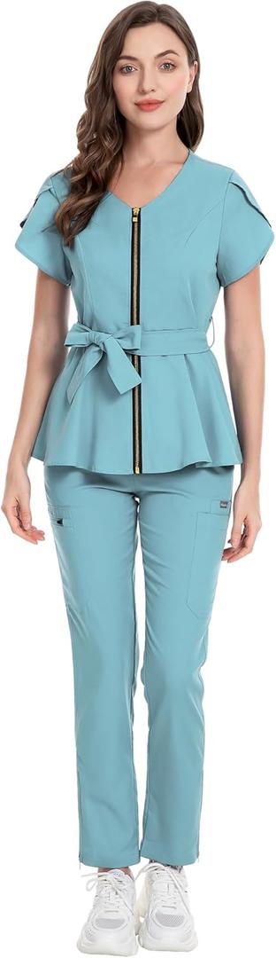 Scrub for Women Set - Cute Scrub Top & Pants with Zipper Multi Pocket, Anti Wrinkle, Slim Fit (Small, Light Blue)