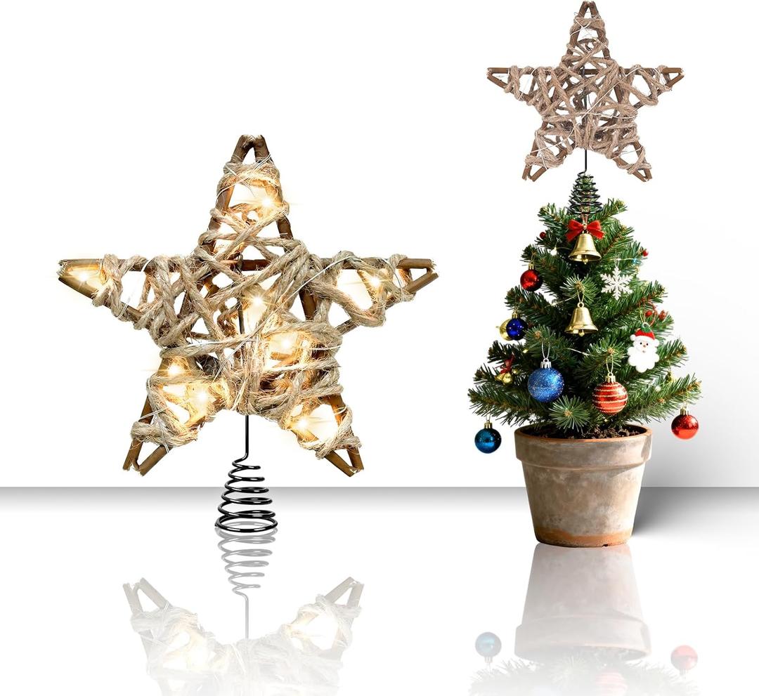 LAWOHO Christmas Tree Topper Retro Woven Star with Lights, Farmhouse Christmas Decor, Mini Rustic 6 Inch Star with 6H Timer, Light Up Christmas Tree Decorations, for Xmas Tree, Holiday, Party