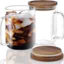 DRASTAR Glass Coffee Mugs, 20 oz Clear Coffee Cups with Acacia Wood Lid, Large Coffee Mug Set of 2, Tea Glass Cups with Handles, Glass Coffee Cups for Latte, Espresso, Tea