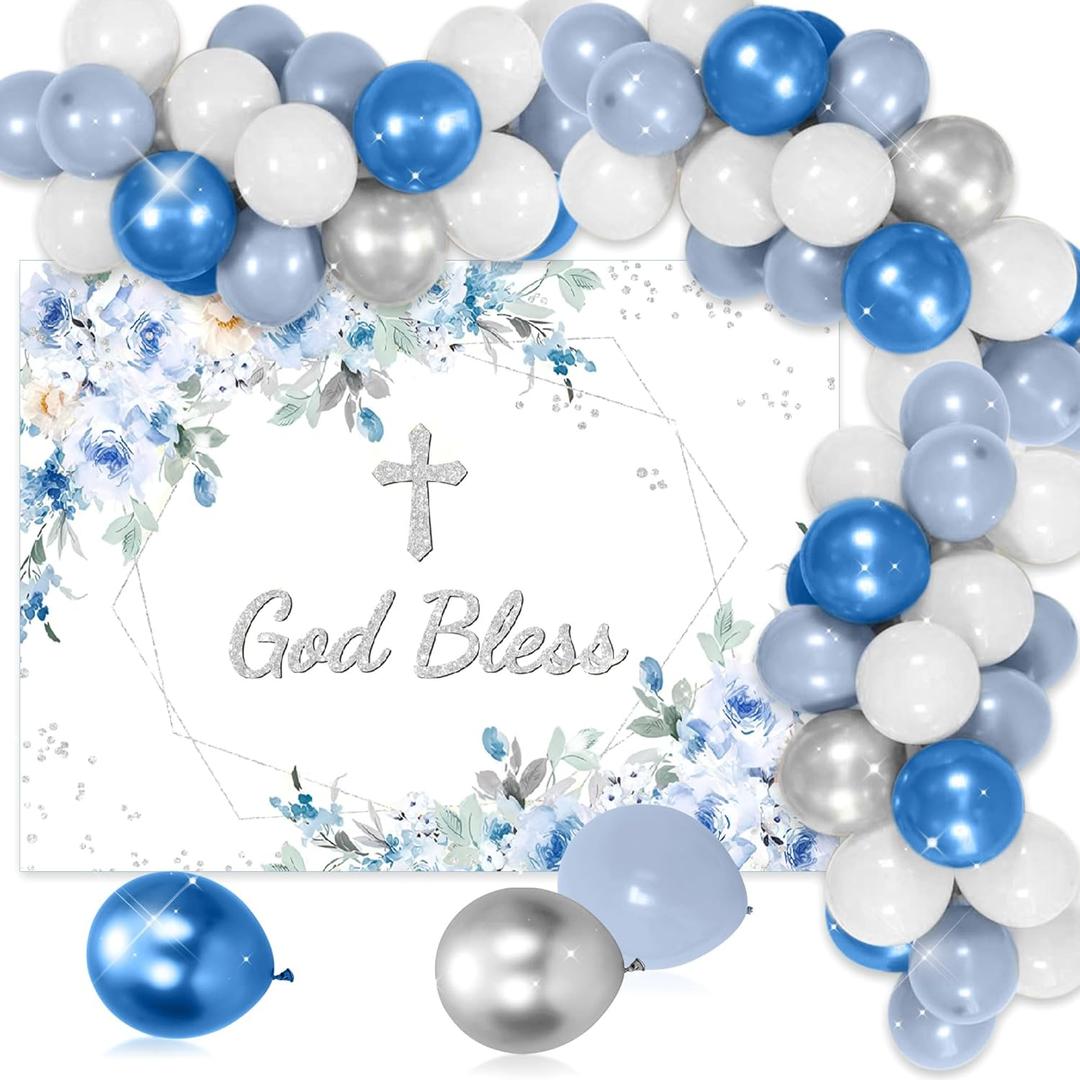 LaVenty Baptism Party Decorations Blue Silver Balloon Garland Backdrop Cross Balloon for First Communion Confirmation Party Supplies