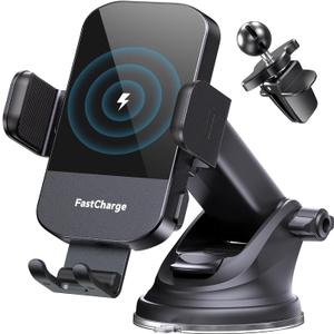 Wireless Car Charger, 15W Fast Charging Auto Clamping Phone Holders Phone Mount fit for iPhone 17 16 15 14 13 12 Pro Max 11 XR XS, Samsung Galaxy S25 Ultra S24 S23, Black