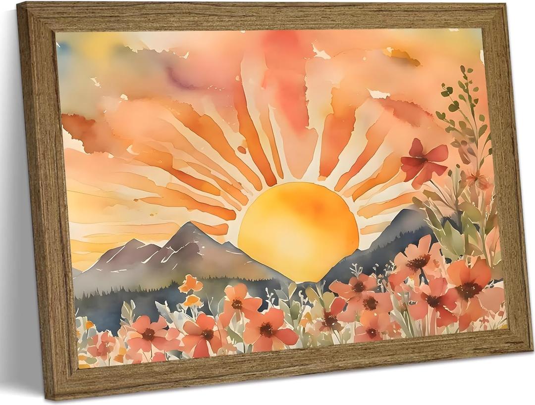 Boho Sunset Wall Art Framed Canvas, Modern Abstract Sun Wall Decor Picture, Floral Landscape Aesthetic Painting for Living Room Bedroom Home Office 10x8 Inch
