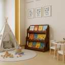 Kids Bookshelf Wooden Montessori Book Shelf Dutch Design 3Tier Scalloped, Red Walnut Wood Grain Pattern, 31.3"W × 33.5"H × 8.8"D