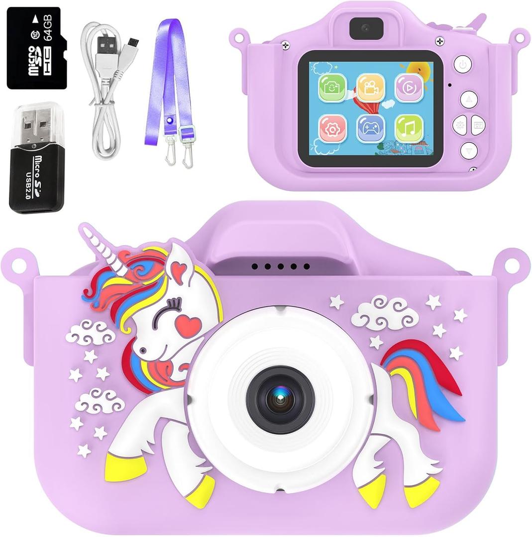 Kids Camera for Boys Girls Age 3-8, Toddler Christmas Birthday Gift with 64GB SD Card, 48MP Dual Lens Selfie Video Camera, Shockproof Silicone Case, Portable Travel Camera for Kids (PurpleDJS)