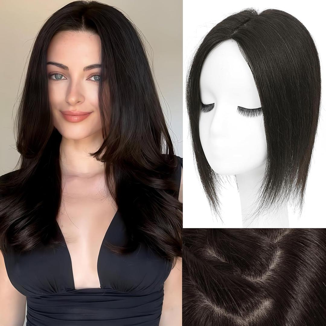 Hair Toppers for Women Real Human Hair, Realistic Biological Scalp Toppers HairPieces for Women with Thinning Hair Middle Part Clip in Bangs Big Base 360 3D Cover (Natural Black, 12 Inch)
