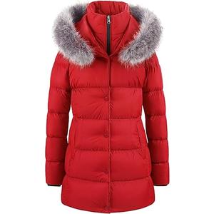 CREATMO US Women's Winter Snow Jacket Long Sherpa-Lined Windproof Shiny Puffer Coat With Removable Faux Fur Trim Shine Black L, Red
