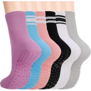6 Pack Pilates Grip Socks for Women Striped Non-Slip Yoga Socks | Grippy Barre Workout Socks for Ballet Dance Barefoot Workout