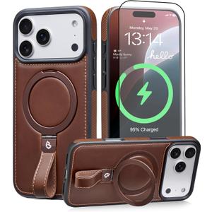 for iPhone 17 Pro Max Leather Case with Stand, Anti-Slip Grip Ring, Fits for MagSafe (Cocoa, IP17 Pro Max-6.9inch)