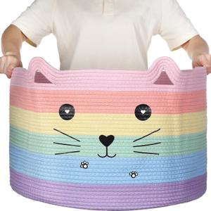 Zopeal Cat Basket Storage Woven Organizer with Ears Easter Decorative Gift Pet Toy Cute Cotton Rope Basket for Gift Cat Dog Toy Bin Nursery Room(21.7 x 13.8 Inch,Macaron Color)