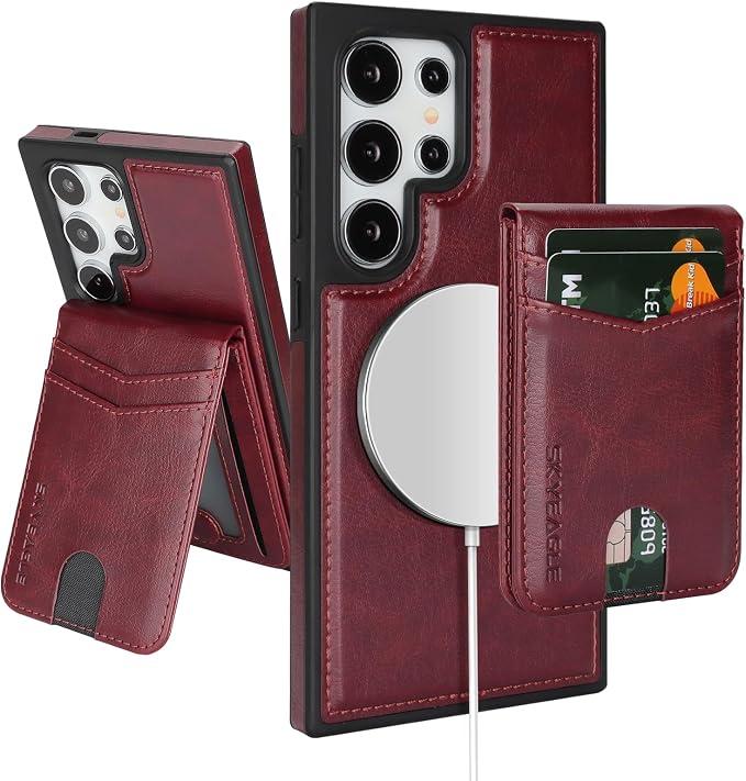 SkyEagle Compatible with Magsafe 2 in 1 Detachable Samsung Galaxy S25 Ultra Wallet Case with Card Holder,Women Men Magnetic PU Leather RFID Blocking Flip Kickstand Credit Slots,Wine Red