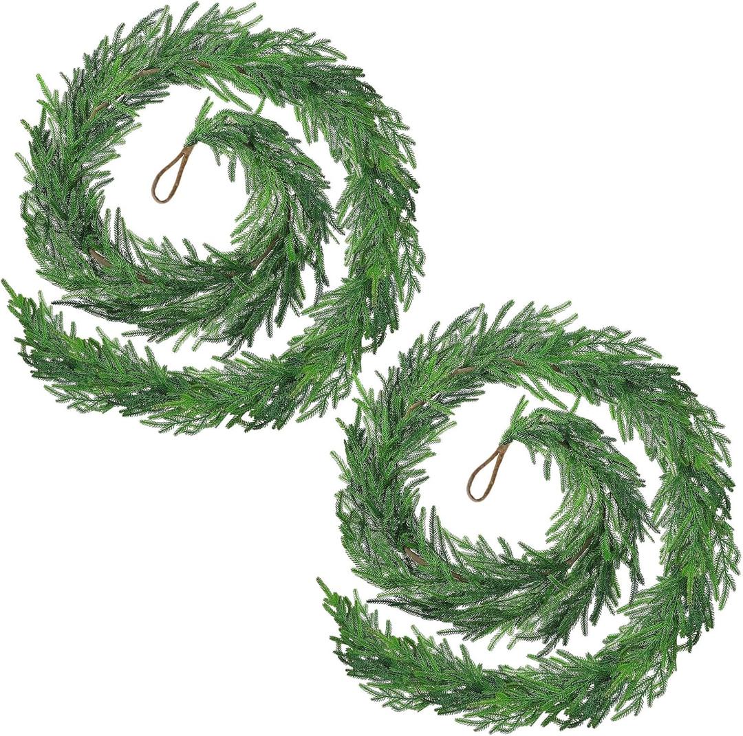 2PCS Christmas Norfolk Pine Garland,6 ft Artificial Green Garland Holiday Decoration Outdoor Indoor for Stairs Railing Fireplace