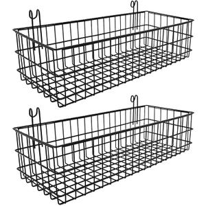 4 Pack Metal Hanging Wire Baskets with Hooks, Black Wire Wall Baskets for Grid Panel Organizer, Multi-Function Grid Wall Baskets for Kitchen Bathroom Storage Display Shelf, Home Decoration