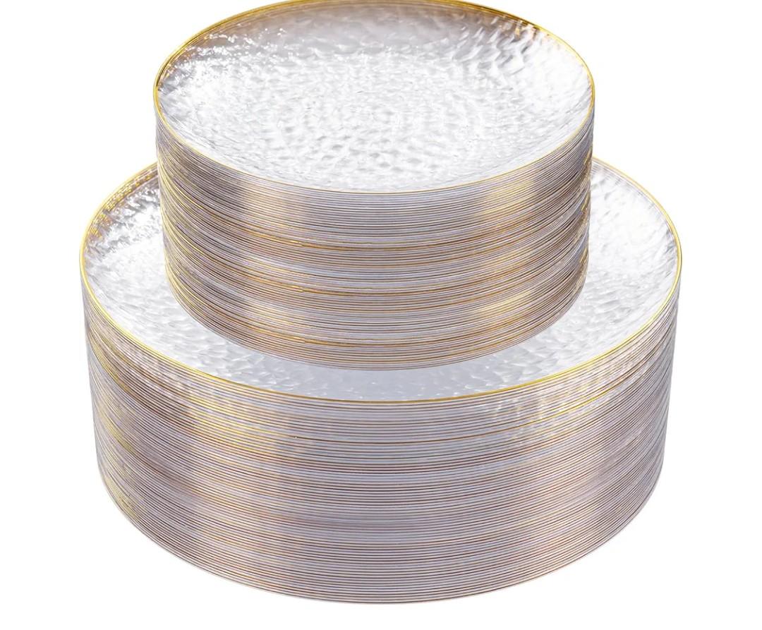Rubtlamp 60Pcs Clear Plastic Plates,Clear Disposable Plates With Gold Rim,Heavy-duty Gold Plates,Hammered Party Plates Include 30Clear Dessert-Platos,30Dinner-Platos for Wedding, Party