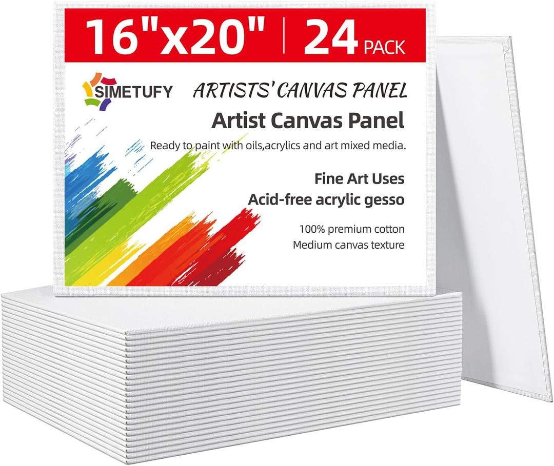 Simetufy 16 x 20 inch 24 Pack Large Flat Canvas Boards, Painting Canvas Panels- Gesso Primed Acid-Free 100% Cotton for Acrylics Oil Watercolor Tempera Paints