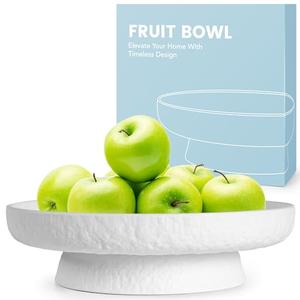 DeNestora Granite Inspired Matte White Fruit Bowl | Wide, Shallow Textured Pedestal Bowl | 11 Inch Unique Centerpiece for Table or Decor for Entryway Table