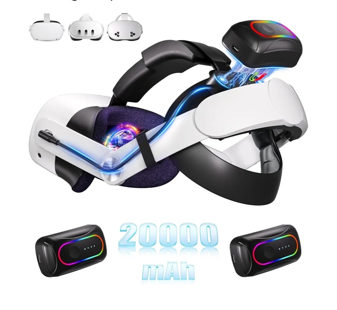 Saqico 20000mAh Dual Magnetic Battery Head Strap Compatible with Meta Oculus Quest 2/3/3S, Cool RGB Battery Pack & Easy to Replace Extend VR Playtime-Premium Comfort & Adjustable, Reduce Facial Stress