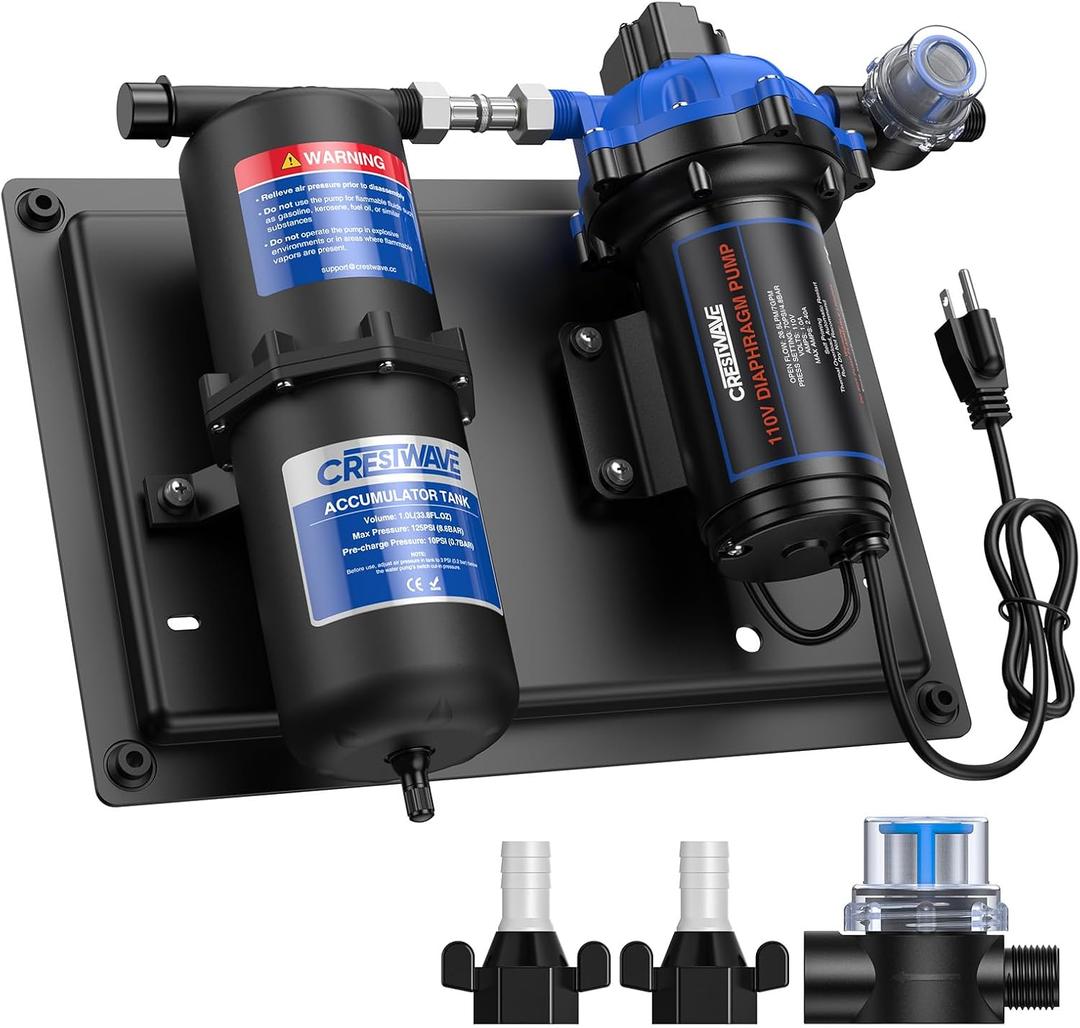 CrestWave RV Water Pump 110V AC 7GPM 70PSI and 1L 125PSI Pre-Pressurized Accumulator Tank, Quiet Water Transfer Pump Set for Off Grid, Camper, Home Water System, Irrigating & Industrial Settings