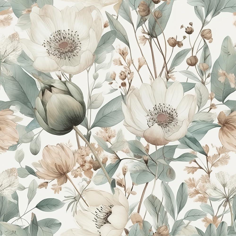 REDAMANCY Watercolor Ink Flowers Pale Grey/Green Poppy Floral Vintage Peel and Stick Wallpaper Stick on Contact Paper Vintage Wall Paper Easy Peel Off for nightstand Drawer Cabinet Renter (17.7" x 236")