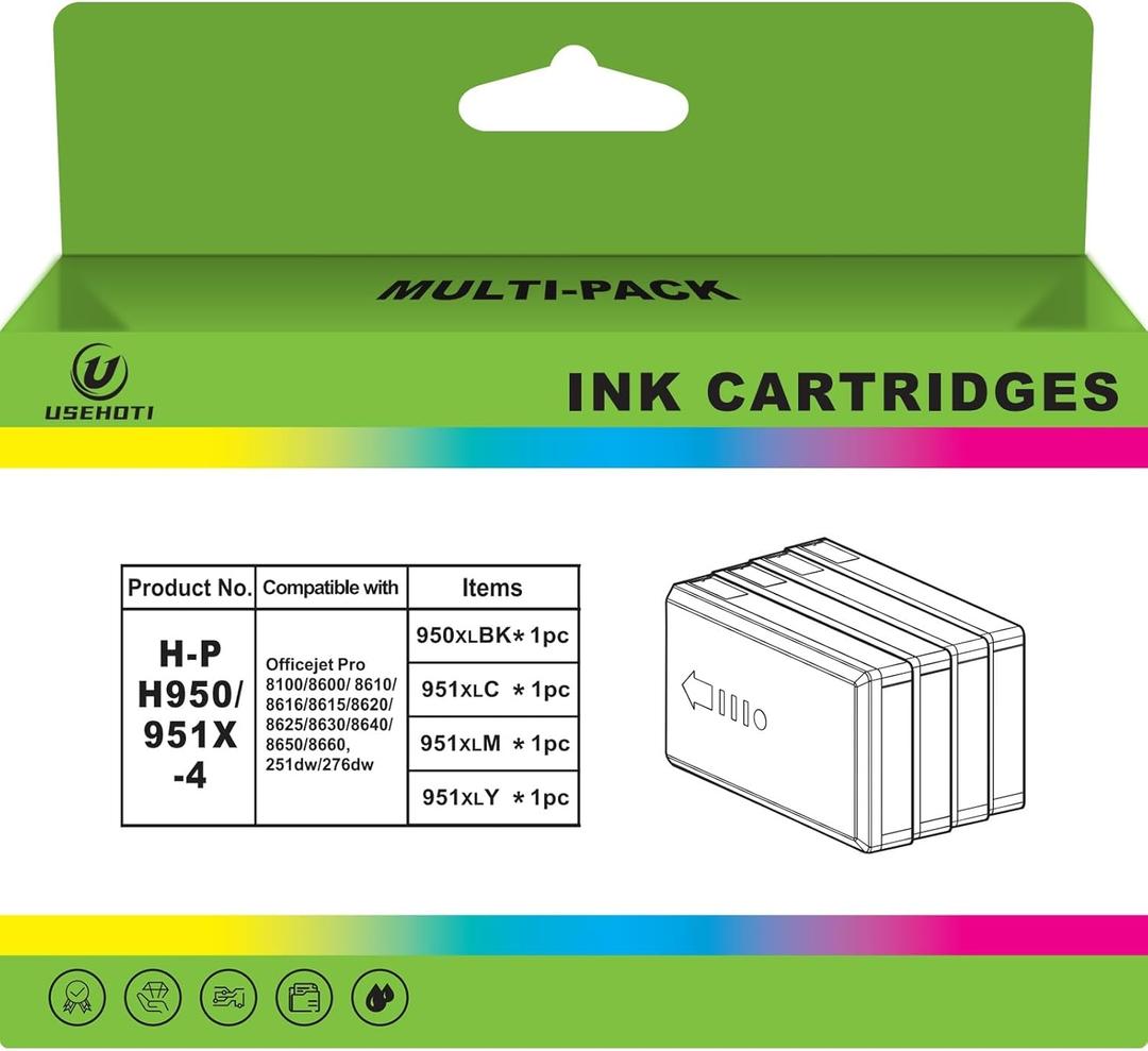 950XL 951XL Ink Cartridges Compatible with HP OfficeJet Pro 8630 8100 Series Printer, High-Yield Ink (B/C/M/Y 4-Pack)