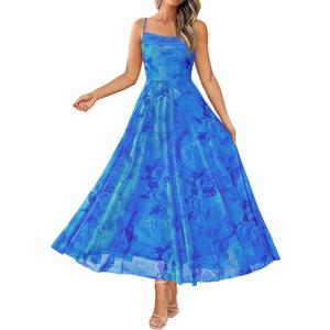 BTFBM Women Summer Floral Maxi Dresses Elegant Spaghetti Strap Dress Printed Party Dress Beach Long Dresses (Blue, XL)