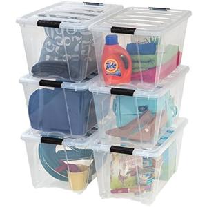 IRIS USA 54 Qt Stackable Plastic Storage Bins with Lids, 5 Pack - BPA-Free, Made in USA - See-Through Organizing Solution, Latches, Durable Nestable Containers, Secure Pull Handle - Clear