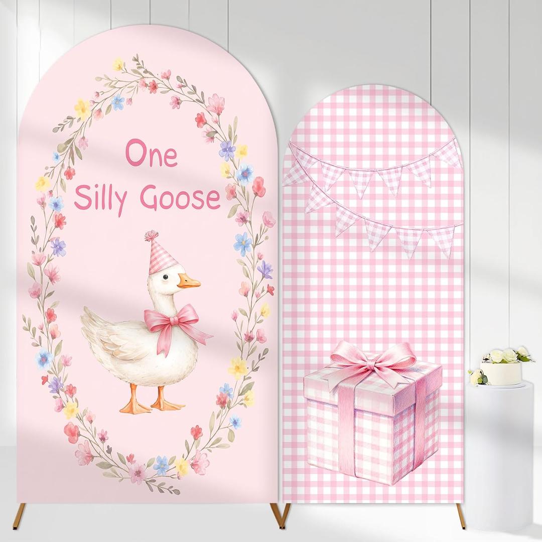 2PCS One Silly Goose Arch Backdrop Cover for Girl One Silly Goose 1st Birthday Decor 6ft 7.2ft Stretchy Spandex Pink Gingham One Silly Goose Arch Backdrop Stand Cover for Girl First Birthday Supplies