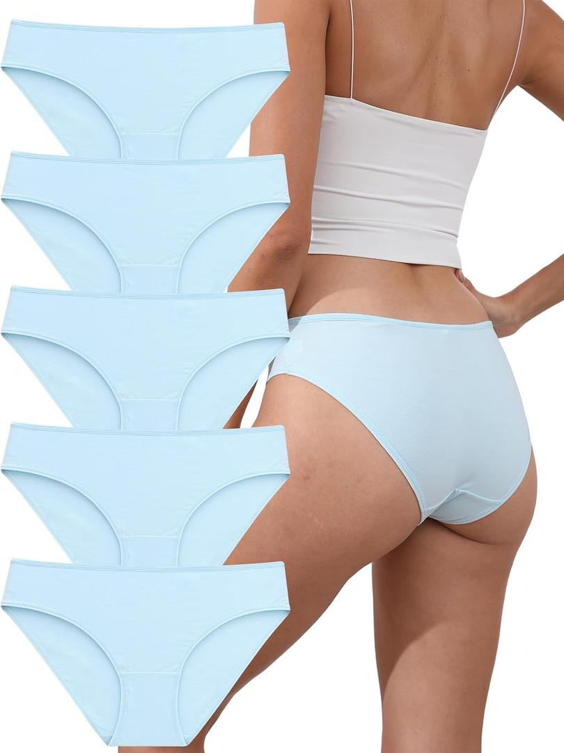 Womens Underwear Cotton, Panties for Women Breathable, Full Coverage Bikini Underwear, Low Rise, 5-Pack (Medium, Multicolor - Light Blue)