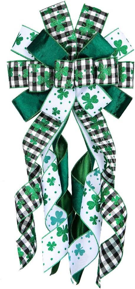 Large St. Patrick's Day Bows for Wreath, 13 x 30 Green Velvet Glitter Shamrock Black White Buffalo Plaid Wreath Bow for Front Door Indoor Outdoor Wall Decoration St. Patrick's Supplies Ornament