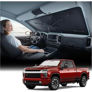Nmoiss Windshield Sun Shade Umbrella for Silverado - [Vinyl Coating Heat Shield] Protect Car from Sun Rays & Heat Damage Keep Cool and Protect Interior, Spring Structure Edge