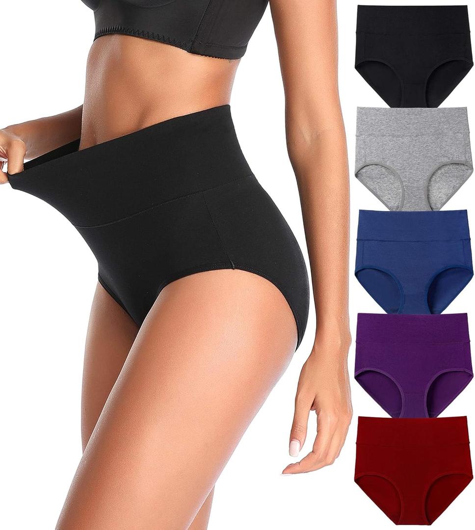 Women's High Waist Cotton Underwear Stretch Briefs Soft Comfy Ladies Panties MultiPack (X-Large, Multicoloured01-5 Pack)