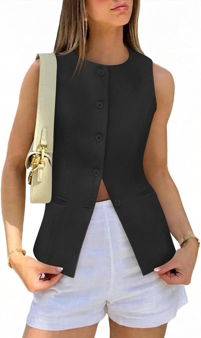 Tankaneo Womens Tweed Sleeveless Vest Button Down Blazer Vest Casual Tops | Fitted, Work, Office, Summer Casual, Crewneck, Waistcoat