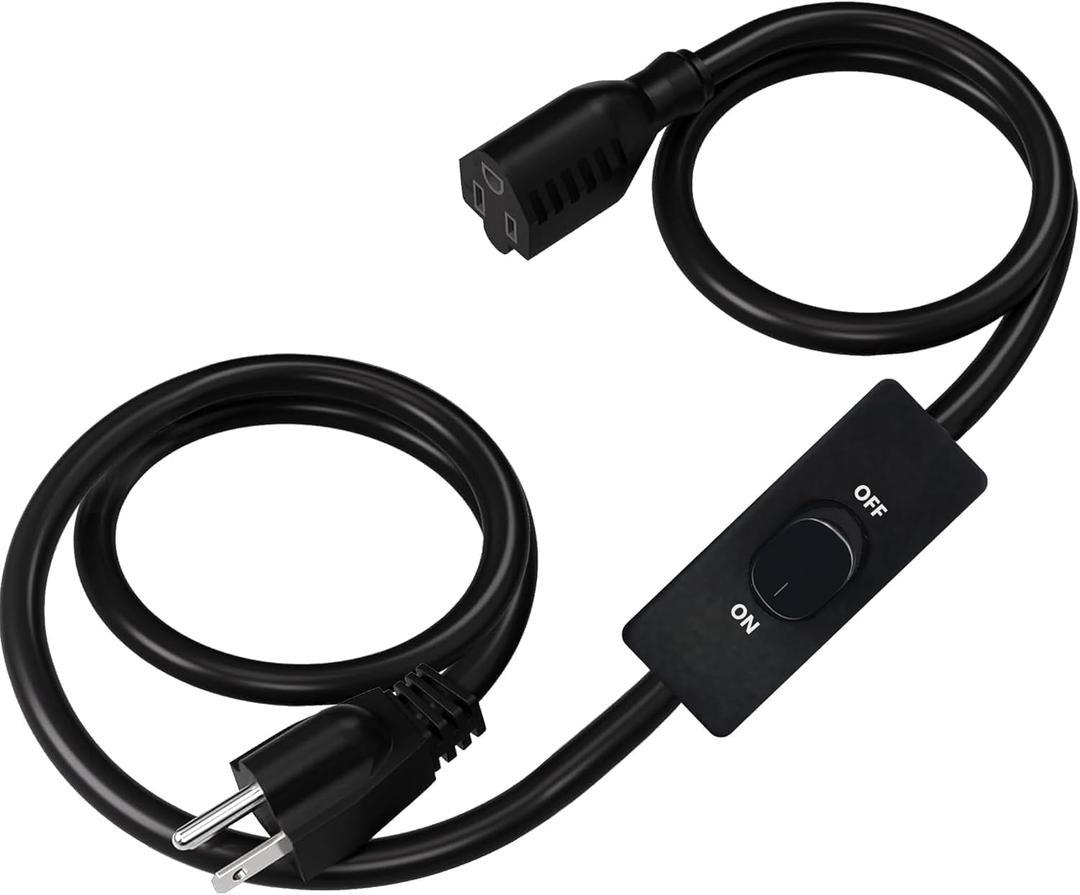 Black Extension Cord with Switch On/Off, 3 Prong Grounded Plug, 6.56 FT Insulated & Flame Retardant,125V 375W Indoor Power Cord, UL Listed