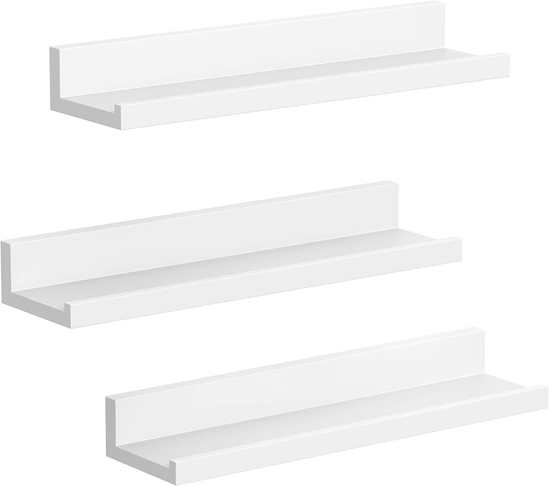 SONGMICS Floating Shelves, Set of 3 Wall Shelves, 15-Inch Wide, for Photo Frames and Trinkets, for Living Room, Home Office, Kitchen, Bathroom, White ULWS38WT (15"W)