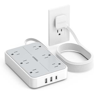 TESSAN Flat Extension Cord 10 FT with Flat Plug Power Strip, Small Extension Cord with 6 AC Outlet 1 USB C and 2 USB A, 1080J Surge Protector Power Strip, Wall Mount for Dorm Room Office Home